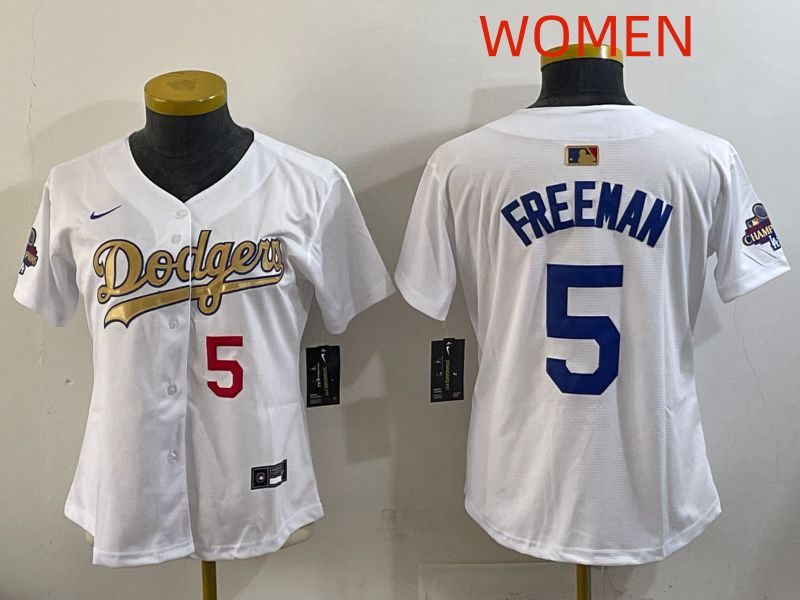 Women Los Angeles Dodgers 5 Freeman White Champion edition Nike MLB Jersey style 002